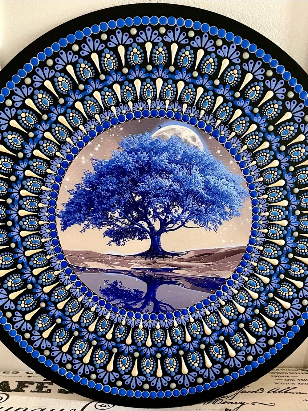 Hand painted Blue Tree Mandala Wall Art - 16 inch wood round